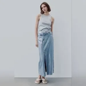 ZARA Lサイズ メタリックアシンメトリーデニムスカート スリット シルバー 値下】ZARA Lサイズ メタリック デニムスカート スリット